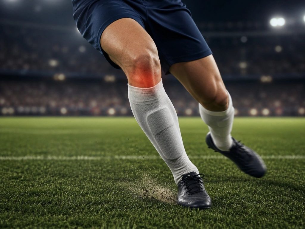 Footballer pivoting on a planted leg with the knee highlighted, illustrating an ACL injury
