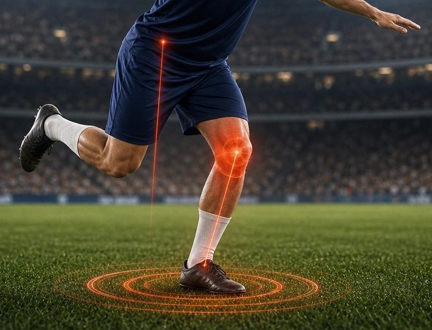 Athlete landing on one leg with the knee highlighted, illustrating ACL injury prevention