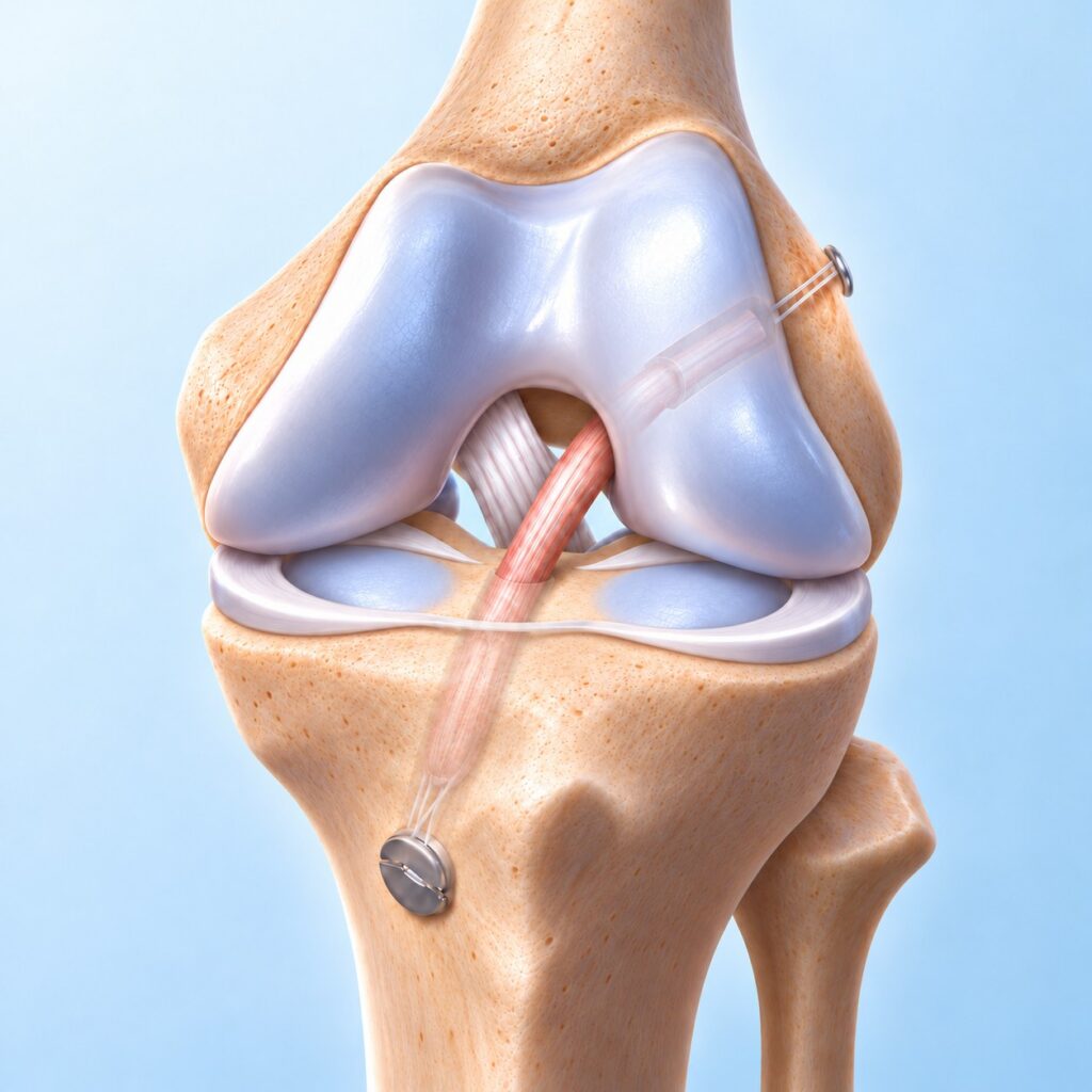 Illustration of a knee joint with an ACL reconstruction surgery.