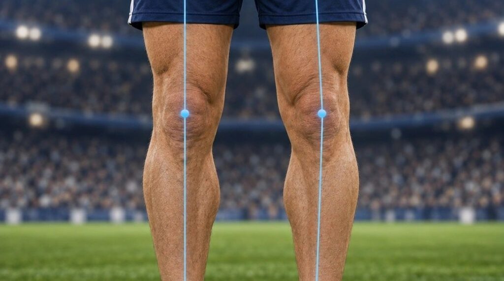 Distal femoral osteotomy: athlete standing on a sports field, with lines showing the weight-bearing axis passing through each knee