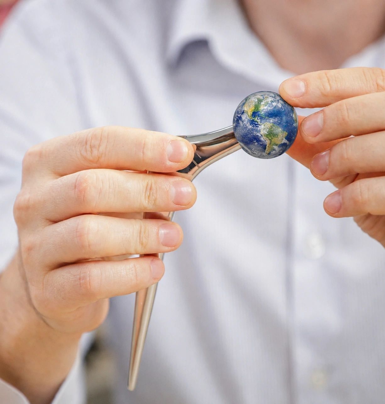 Hip replacement implant held in a hand with a globe as the ball, illustrating travel after joint replacement