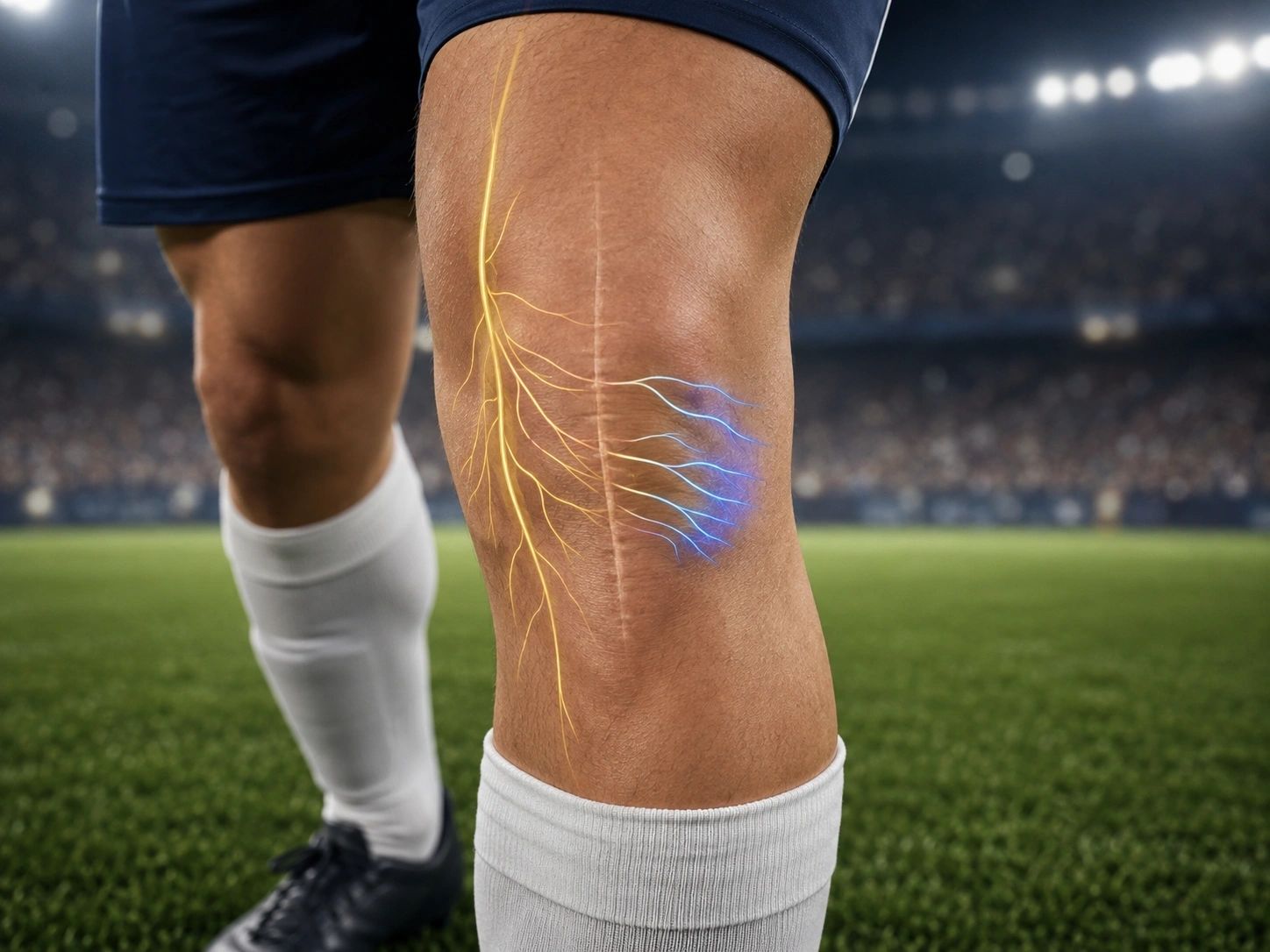 Illustration of the skin nerves around the knee, showing the area of numbness after knee replacement