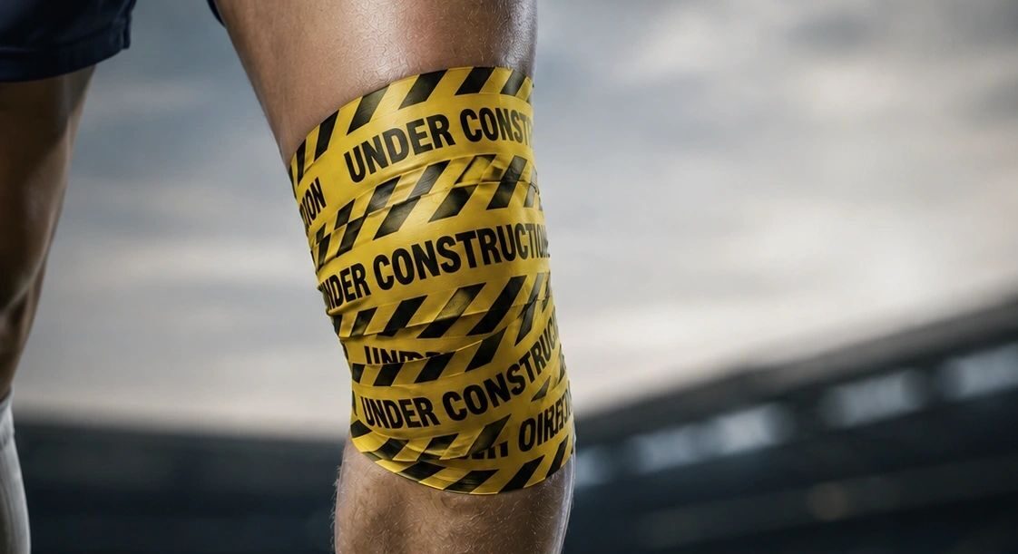 Posterolateral corner reconstruction: footballer's knee wrapped in under-construction tape, illustrating knee ligament reconstruction
