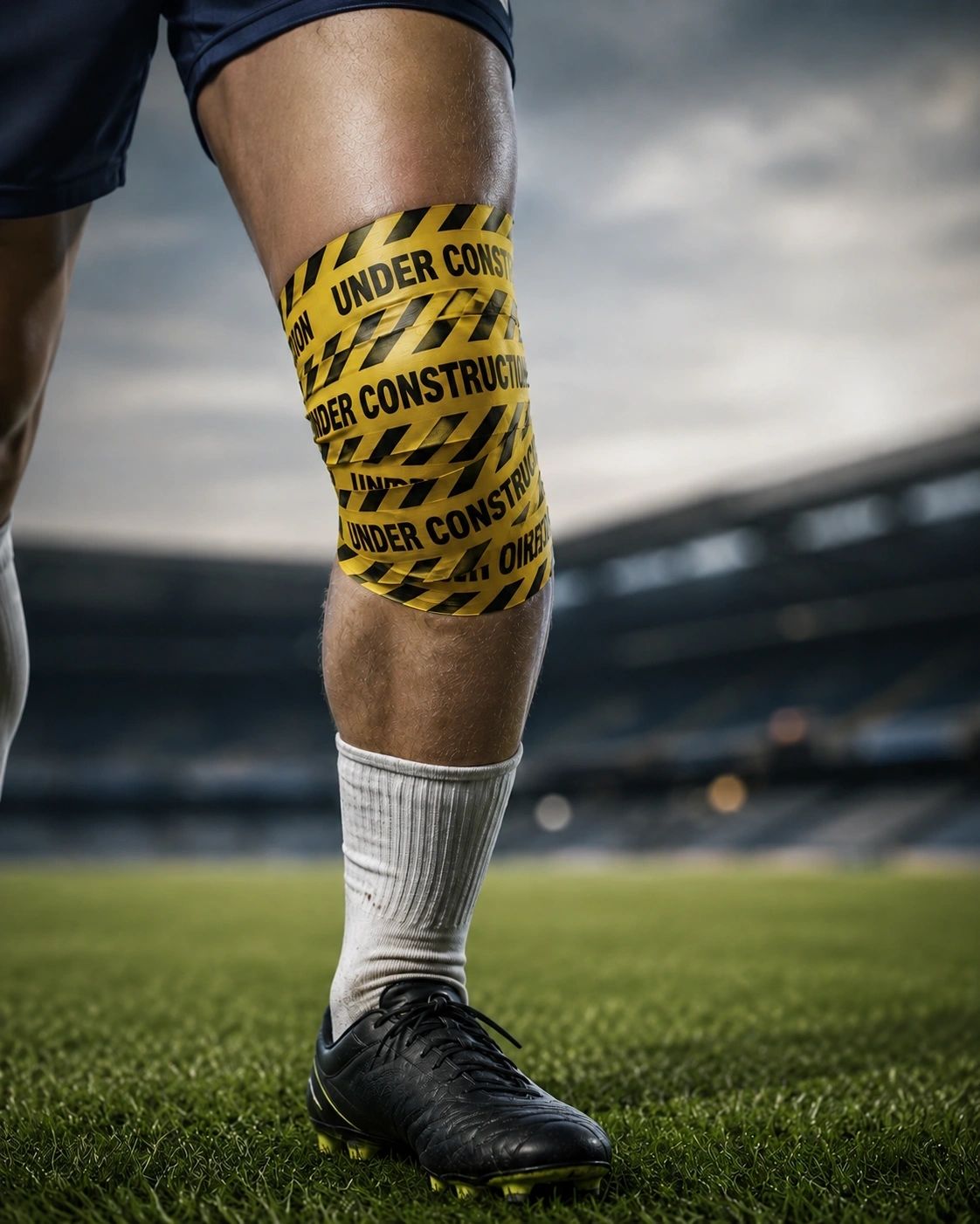 Footballer's knee wrapped in under-construction tape, illustrating knee reconstruction surgery