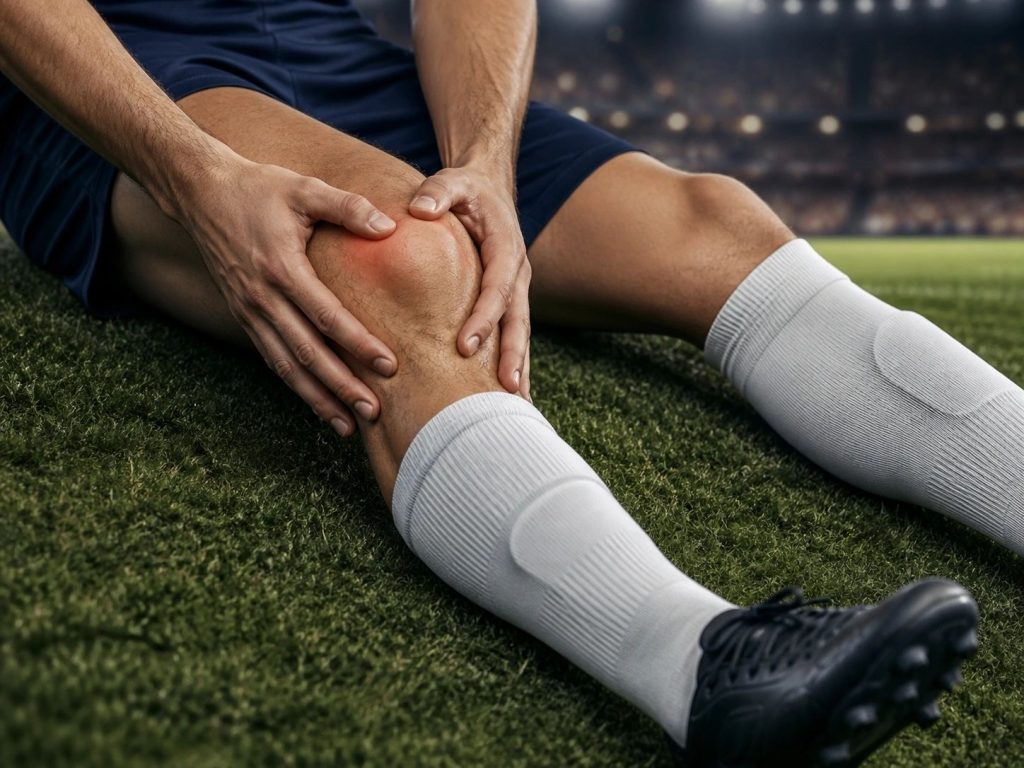 MPFL reconstruction: footballer sitting on the field holding a painful knee after a kneecap dislocation