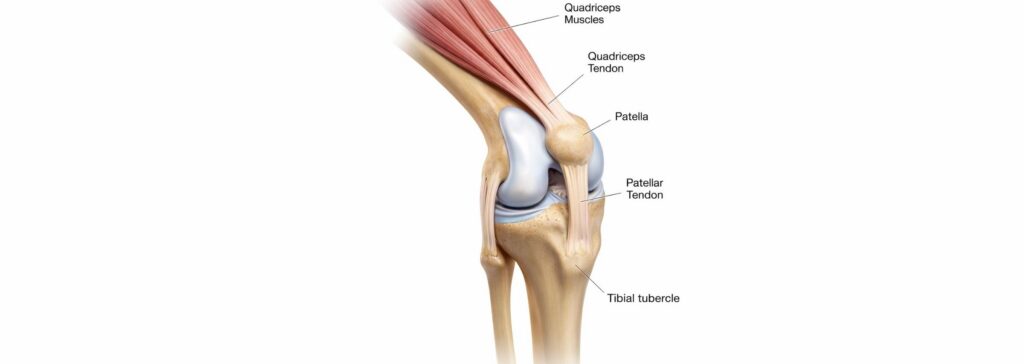 Tibial tubercle distalising osteotomy: knee anatomy showing the patella, the patellar tendon and the tibial tubercle where the tendon attaches to the shin bone