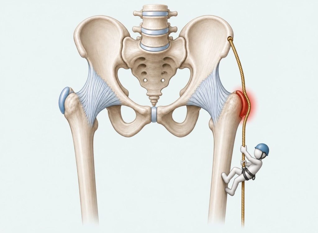 Illustration of the hip showing trochanteric bursitis, a cause of pain on the outside of the hip